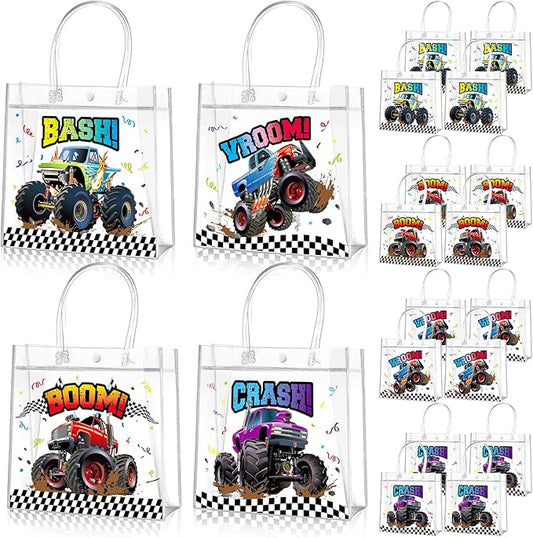 Aliceset 20 Pcs Truck Party Clear Favor Bags with Handles Monster Racing Car Party Treat Bags Truck Race Themed Decorations for Birthday Baby Shower Goodie Supplies, 8x8x3.15 inch