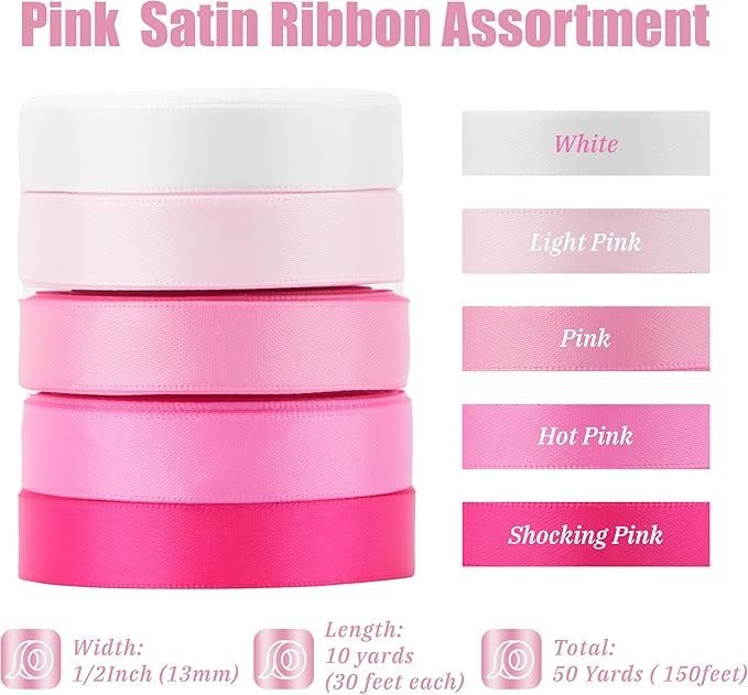 MAYREEL 1/2 Inch Pink Satin Ribbon Thin Baby Pink Ribbon for Gift Wrapping Flower Bouquet Wedding Bridal Shower Valentine's Day Decor 5 Rolls x 10 Yards Total 50 Yards