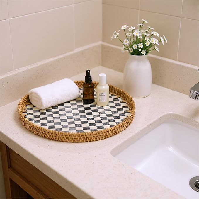 Round Rattan Tray with Mother of Pearl Inlay, Handwoven Wicker Coffee Table Serving Basket Tray for Fruit Snack Party Picnic Cafe Bedroom Kitchen Home Decor Set of 2 (Checkerboard)