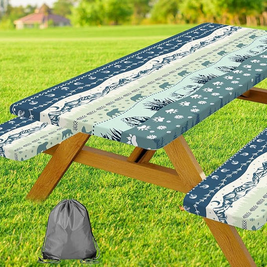 Picnic Table Cover with Bench Covers and Bag, Camping Essentials, Bohemian Waterproof Windproof Camping Tablecloth, Fitted Tablecloth Cover with Elastic Edge, for Garden & Outdoor, 3 PCS, 30x96 Inch