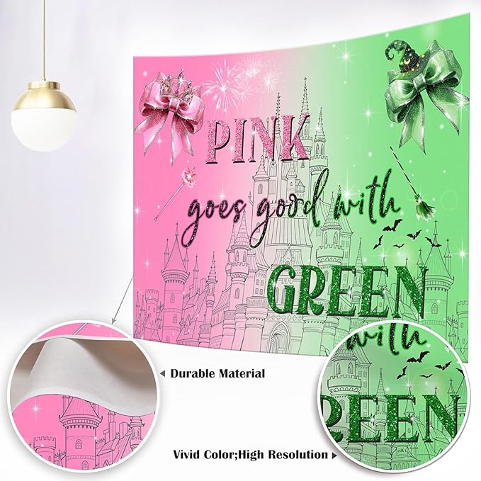 Mocsicka Witch Happy Birthday Backdrop Pink Goes Good with Green Birthday Party Decorations for Movie Photography Background Party Supplies (Pink and Green, 8x6ft(96"x72"))