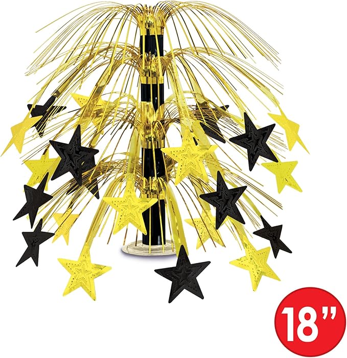Beistle Star Cascade Centerpiece – Metallic Gold and Black Fringe Table Decoration with Hanging Cord, Clear Base, New Year’s Eve Décor, Graduation Celebration, Awards Night VIP Party Accent, 18"
