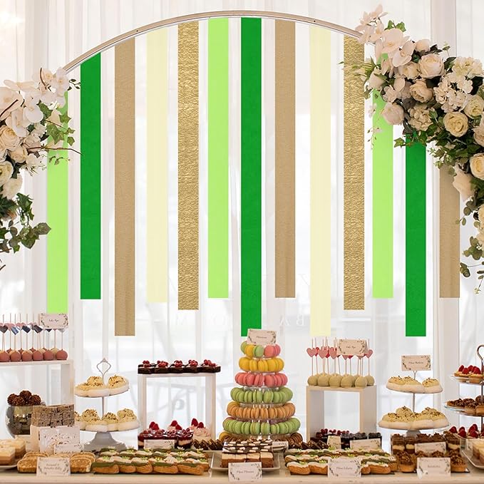 5 Rolls Green & Gold Crepe Paper Streamers, Crepe Paper Craft for Wedding Baby Shower Birthday Bridal Party Engagement Decorations Supplies