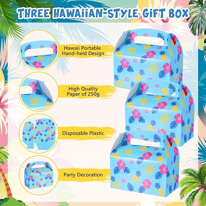 Marspark 24 Pack Hawaii Cartoon Birthday Party Supplies, Paper Gift Boxes, Cartoon Candy Treat Boxes for Birthday Party Decorations(Hawaii Pattern)