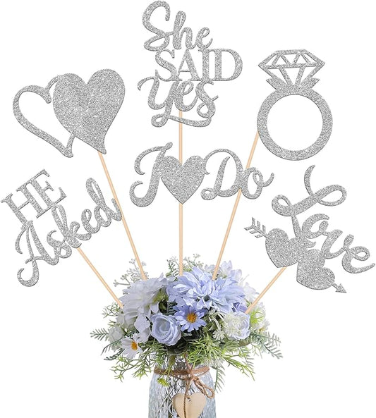 12 Pack He Asked She Said Yes Centerpiece Sticks Love Heart I do Ring Table Centerpiece Sticks for Wedding Engagement Bridal Theme Party Supplies Gold (silver)