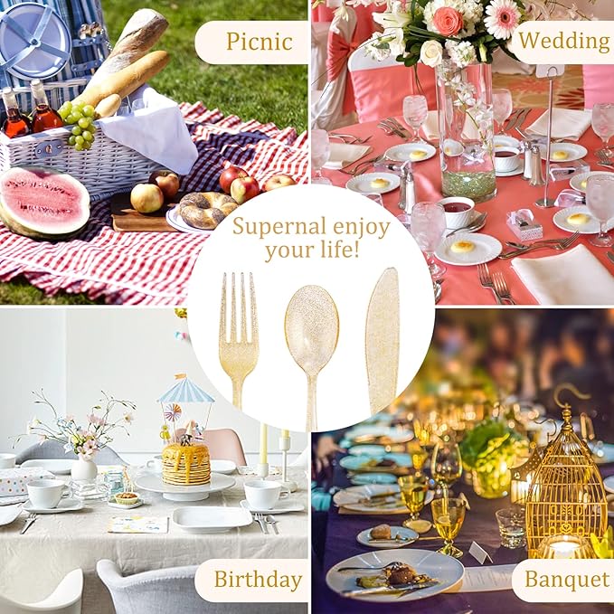 Supernal 300pcs Gold Glitter Plastic Silverware Set-Heavy Duty Disposable Gold Cutlery for Weddings, Parties Include 100 Forks, 100 Spoons & 100 Knives-Glitter Plastic Utensils for 100 Guests