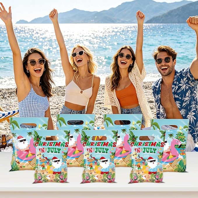 MOIZYNG Christmas in July Decorations, 50Pcs Christmas in July Plastic Candy Treat Goodie Gift Bags with Handles, Summer Hawaiian Beach Pool Party Favors Supplies