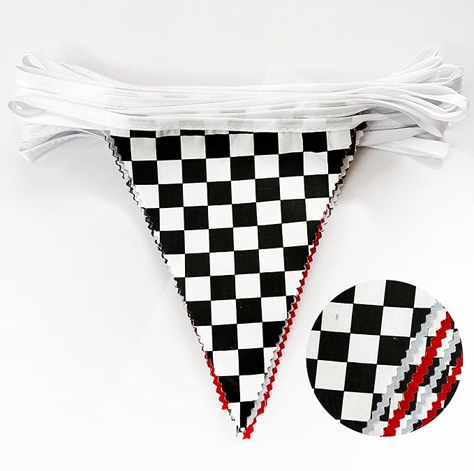 32Ft Racing Party Decorations Red Blue Black White Checkered Racing Car Fabric Banner Triangle Flag Pennant Garland Streamers for Kids Race Car Birthday Racetrack Baby Shower NASCAR Picnic Decor