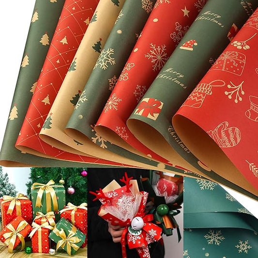 SIWRIOM Christmas Wrapping Paper 7 Pack - Large 29 x 20 Inch Vintage Kraft Gift Wrap Sheets with Holiday Designs (Tree, Snowflake, Reindeer) for Xmas Festive Present Decorations