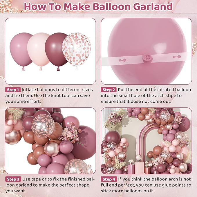 Ouddy Party Dusty Rose Pink Balloons Garland Arch Kit, Different Sizes 18 12 10 5 Inch Pink Mauve Retro Blush Purple Latex Confetti Balloons for Valentines Day Boho Birthday Wedding Party Decorations