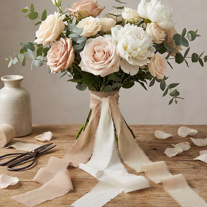 Frayed Edge Chiffon Ribbon Set, 3 Pack 1.5 Inch Wide Polyester Chiffon Ribbon, 21 Yards Total in Khaki, Beige and Champagne for Wedding Decor, Floral Bouquets and Gift Wrapping