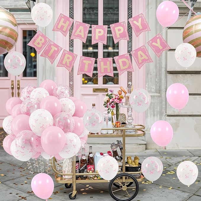 HILAVO Pink Bow Balloons, 12 Inch Pastel Light Pink Transparent White Bow Print Coquette Balloon for Girls Women Birthday Bachelorette Party Bridal Baby Shower Wedding Anniversary Decorations Supplies