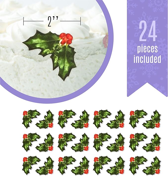 Sugar Robot Holly Leaves Cupcake Toppers - Christmas Cake Decorations Edible - Christmas Cupcake Toppers - Cake Topper - Decoration Made in the USA - Premium Crafted - 24 Pcs Pack