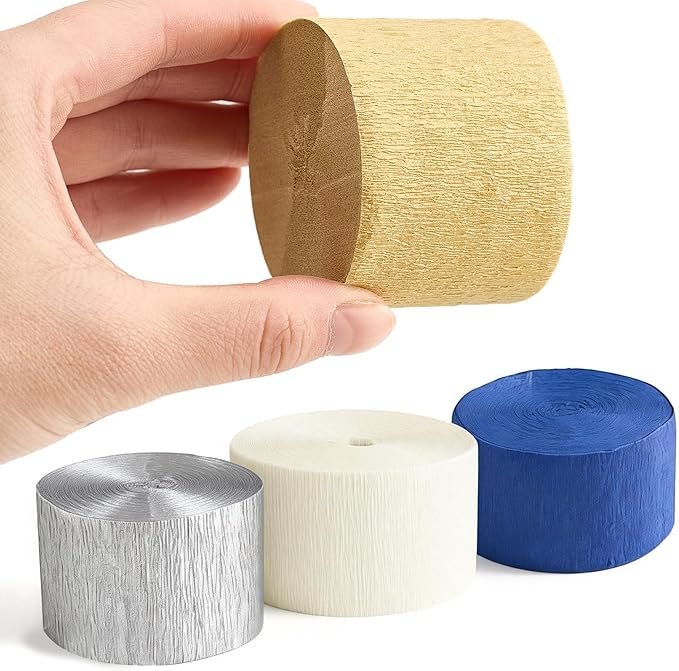 Dqwtb 8 Rolls Navy Blue White Gold Crepe Paper Streamers Royal Blue Party Decorations Streamer Paper Garland for Graduation Birthday Wedding Bridal Shower