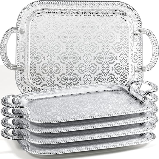 4 Pcs Silver Serving Tray with Handles Elegant Victoria Floral Engraved Metal Platters Large Decorative Trays for Buffet,Wedding Party, Jewelry Display, Service(Retro,Sliver)