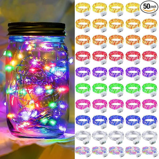 50 Pack Fairy Lights 7Ft 20 LED Twinkle String Lights Battery Operated Waterproof Firefly Starry for Mason Jar Party Wedding Christmas Valentines Day,10-Colors