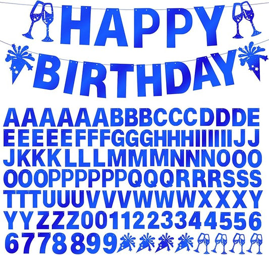 129Pcs Glitter Customizable Banner Kit DIY Custom Letter Banners DIY Happy Birthday Letters 0-9 Numbers Personalized Banner Decor Baby Shower Birthday Party Decorations Supplies(Shiny Sapphire blue)