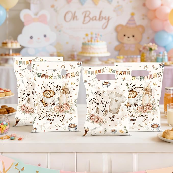 MOIZYNG A Baby is Brewing Baby Shower Decorations, 50Pcs Coffee Themed Baby Shower Plastic Snack Treat Goodie Gift Bags with Handles for Welcome Baby Gender Reveal Decor Supplies