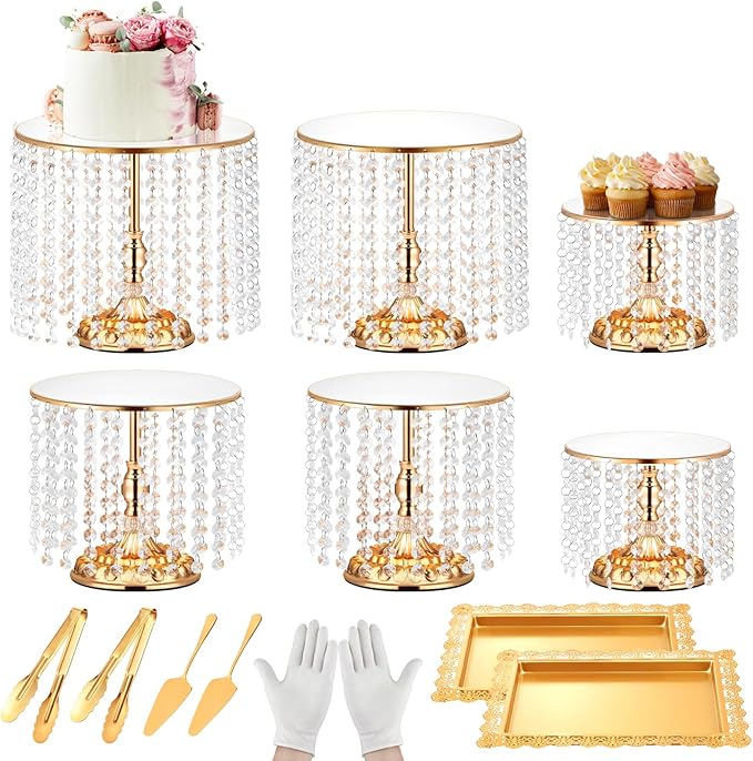 12 Pieces Gold Cake Stand Set, Vintage Cake Display Stand with Crystal Edge and Cupcake Display Tray, Dessert Table Display Set for Wedding Party Baby Shower Anniversary Celebration