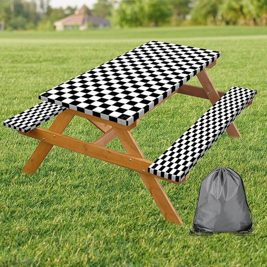 Picnic Table Cover with Bench Covers and Bag, Black and White Checkered Buffalo Plaid Camping Tablecloth Waterproof Windproof Elastic Edges Fitted Gingham Tablecloth for Outdoor Garden 3PCS 30x96 Inch
