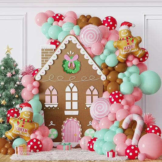 140Pcs Gingerbread Christmas Balloon Arch Garland Kit, Pastel Pink Green Balloons and Gingerbread Man Candy Foil Balloons for Gingerbread House Cookie Christmas Baby Shower Decorations
