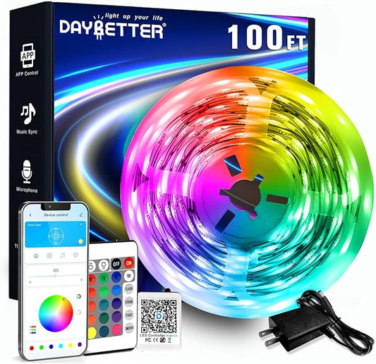 DAYBETTER LED Strip Lights 100ft RGB Lights Strip for Bedroom, Desk, Indoor Room Living Room Brithday Gifts Home Decor with Remote, 24V Power Supply