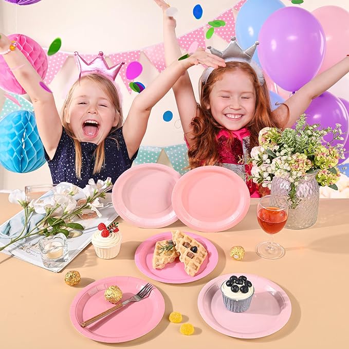 AimFun Pink Paper Plates Gradient Pink Party Plates 7”Disposable Round Dessert Plates for Birthday Wedding Bridal Engagement Baby Shower Party Supplies 4 Colors (24)