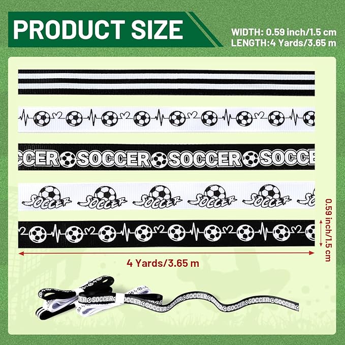 Soccer Ribbons 5 Rolls 20 Yards, 5/8" Black White Stripe Grosgrain Ribbons Sports Ribbons for Theme Party Decor Gift Wrapping Making Hair Tie Bows and Sport Team Decorations