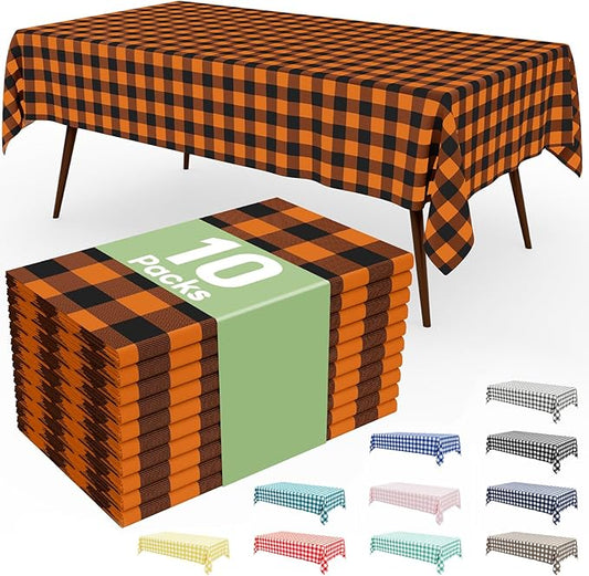 Smiry 10 Pack Gingham Disposable Table Cloth, 54 x 108 Inch Waterproof Plastic Tablecloth, Rectangle Black and Orange Checkered Table Covers for Picnic, Birthday, Party