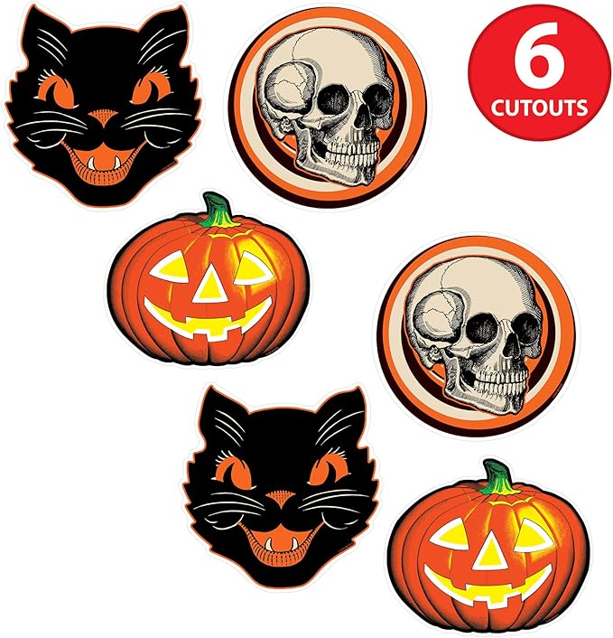 Beistle Plastic Vintage Halloween Cutouts – 6 Pack, Classic Retro-Style Decorations with Black Cat, Skull & Jack-O’-Lantern, Indoor or Outdoor Décor for Spooky Seasonal Displays & Parties, 10”–12”