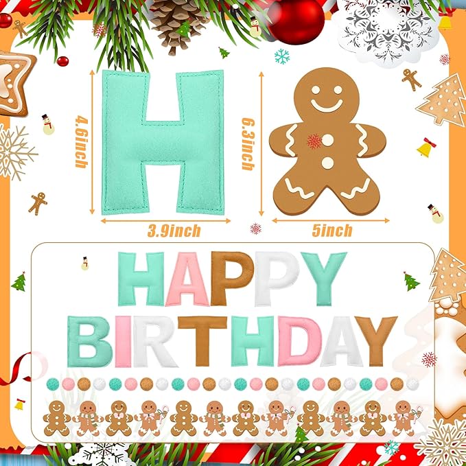HunnmingRe 4 Pack Felt Gingerbread Christmas Birthday Party Decorations Pastel Happy Birthday Felt Banner Gingerbread Man Pom Poms Hanging Bunting Garland for Winter Christmas Baby Shower Decor