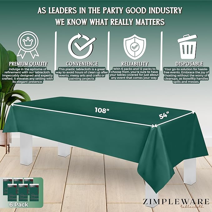 ZIMPLEWARE Premium Dark Green Plastic Table Cloth Disposable (6 Pk) Plastic Tablecloths for Rectangle Tables (54in x 108in) Party Table Cloths Disposable for 6ft to 8ft Rectangle Tables