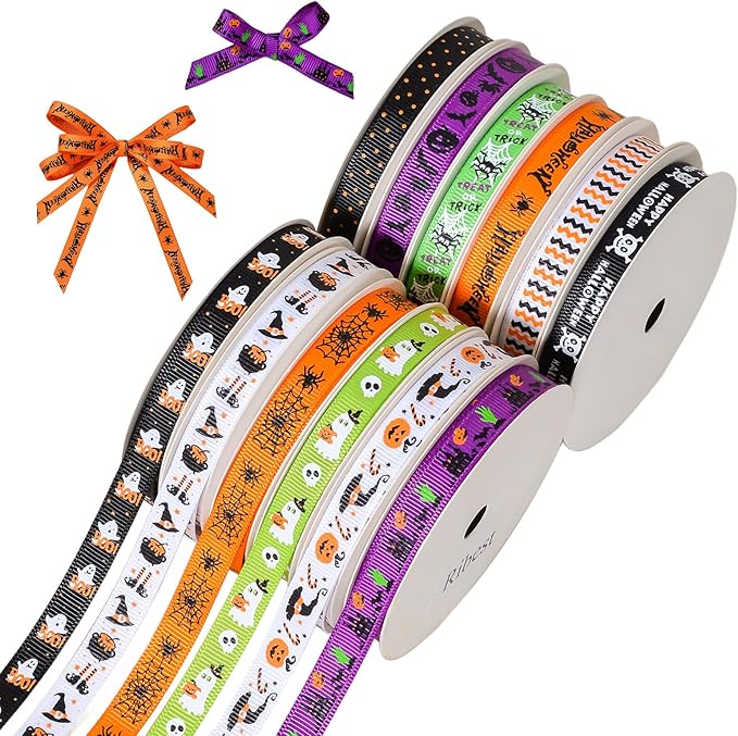Ribest Halloween Ribbon Grosgrain 3/8 Inch Thin Ribbons for Crafts Gift Wrapping Decor 12 Rolls Total 60 Yards