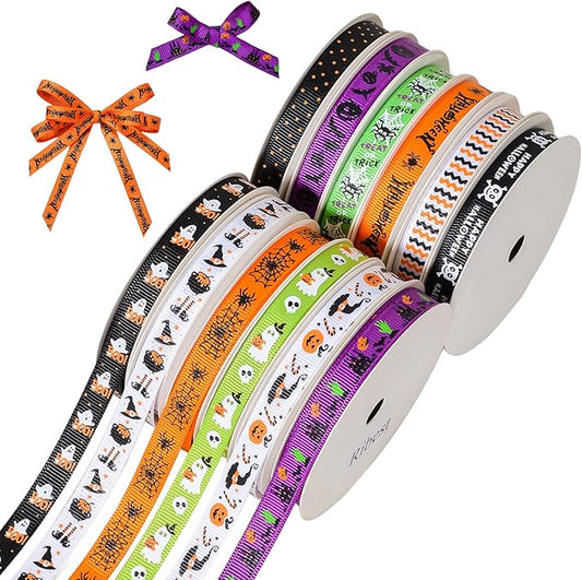 Ribest Halloween Ribbon Grosgrain 3/8 Inch Thin Ribbons for Crafts Gift Wrapping Decor 12 Rolls Total 60 Yards