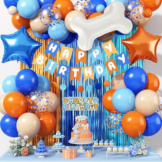 Orange and Blue Birthday Decorations for Boys, Orange Light Blue Nude Confetti Latex Balloons Dog Paw Cake Topper Bone Star Foil Balloon Happy Birthday Banner for Girl Boy Cartoon Theme Party Supplies