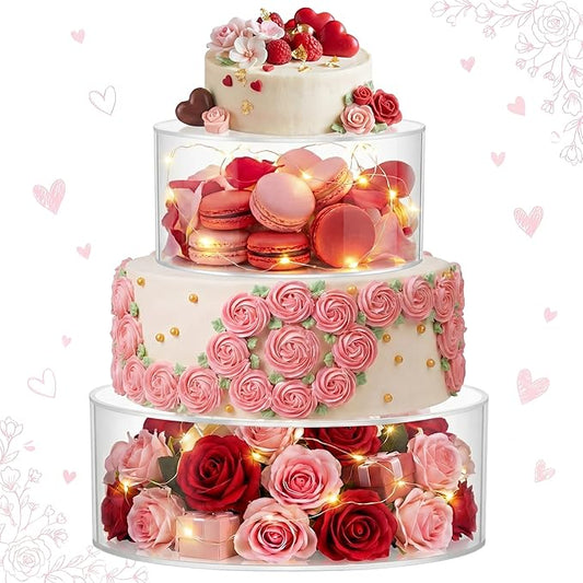 Sunnyray 2 Pcs Acrylic Cake Stands for Dessert Table Clear Fillable Cake Riser Cupcake Tier with LED Strings for Birthday Wedding Holiday Party Display(8'', 12'')