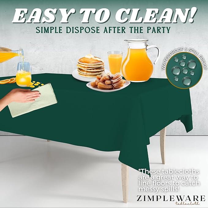 ZIMPLEWARE Premium Dark Green Plastic Table Cloth Disposable (6 Pk) Plastic Tablecloths for Rectangle Tables (54in x 108in) Party Table Cloths Disposable for 6ft to 8ft Rectangle Tables