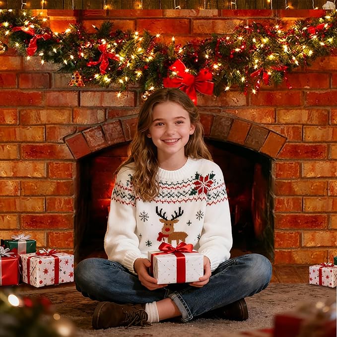 Mocsicka Christmas Fireplace Photography Backdrop Red Brick Fireplace Background for Xmas Eve Home Decor Xmas Family Party Selfie Photo Props (7x5ft)