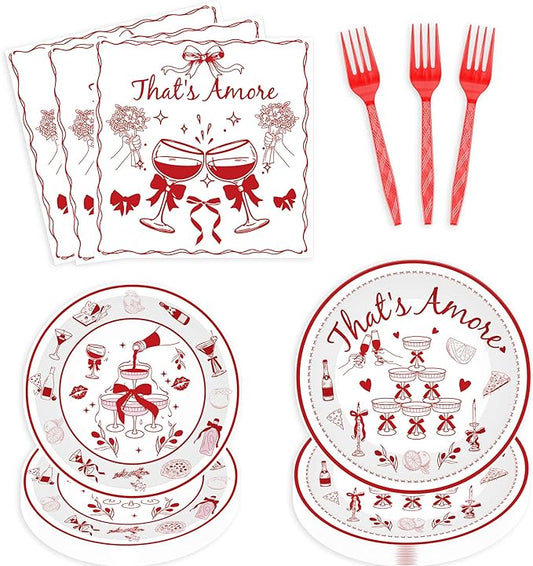 Thats Amore Party Decorations, 96 Pcs Red Italian Theme Dessert Plates Napkins Forks for 24 Guests, Romantic Bridal Shower Dinner Date Night Tableware Supplies Set