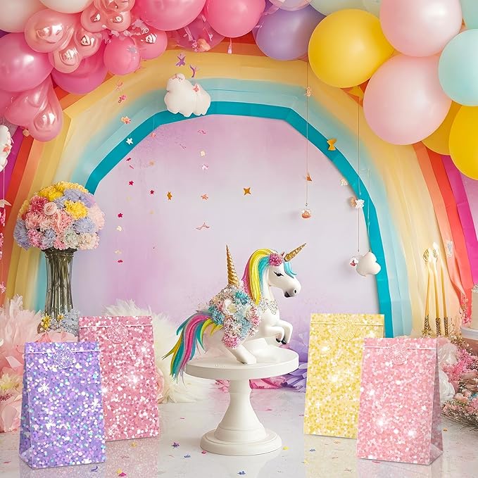 Kolldenn 24 Pcs Glitter Pastel Gift Bags Bulk Pastel Party Favors Small Goodie Treat Bags with Sealing Stickers for Wedding Baby Shower Birthday Holiday Party Favors Supplies