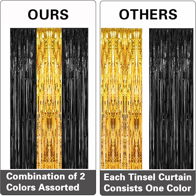 PIGETALE, 2 Pack 3.2x8.2 Feet Black and Gold Tinsel Backdrop Party Decorations, Foil Fringe Curtains Backdrop for Birthday Graduation Wedding Engagement Bridal