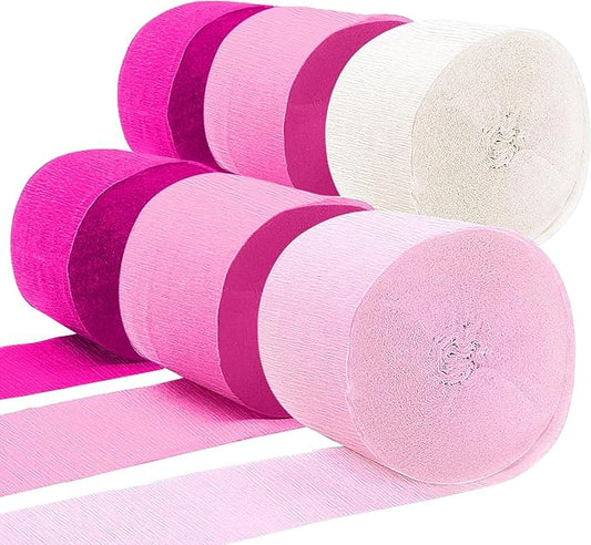 PheiLa Crepe Paper Streamers 6 Rolls 492ft, Crepe Paper Romantic Decorations Pink and White Party Supplies for Valentines Day Girls Birthday Party Decor, 1.77 Inch x 82 Ft/Roll