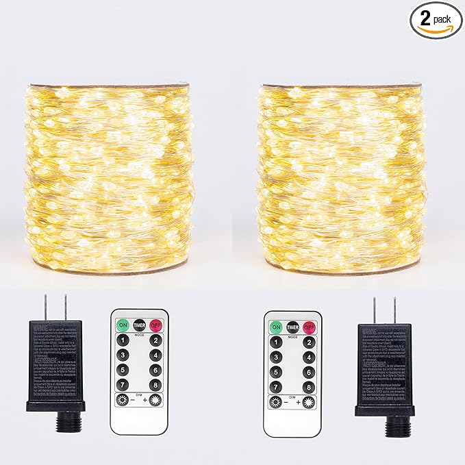 Fairy Lights Plug in,2Pack 100FT 300LEDs Waterproof Led String Lights,8Modes Remote Twinkle Light for Outdoor Indoor Christmas Wedding Birthday Garden Party Decorations,Silver Wire,Warm White