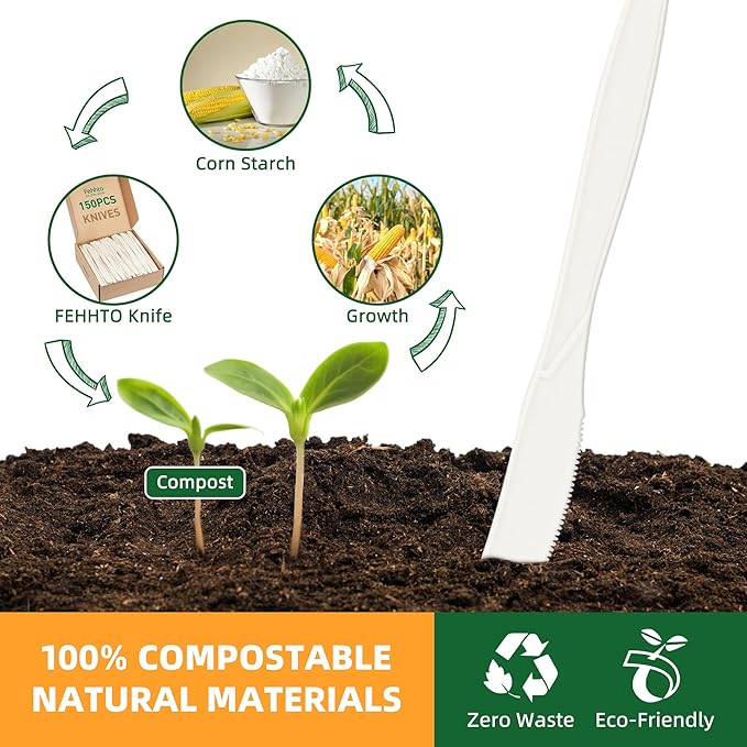 100% Compostable Knives, 7.7" Large Disposable Cornstarch Cutlery Heavy Duty Eco-Friendly Utensils Durable and BPI-Certified Party Supplies No Plastic-150pcs Knives