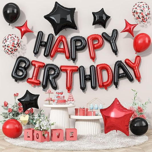 Happy Birthday Balloon Banner Red and Black, 16 Inch Mylar Foil Letter Balloons, Reusable Birthday Decorations with Black Red Balloons, Inflatable Party Supplies for Men Women Boys Girls Decoration