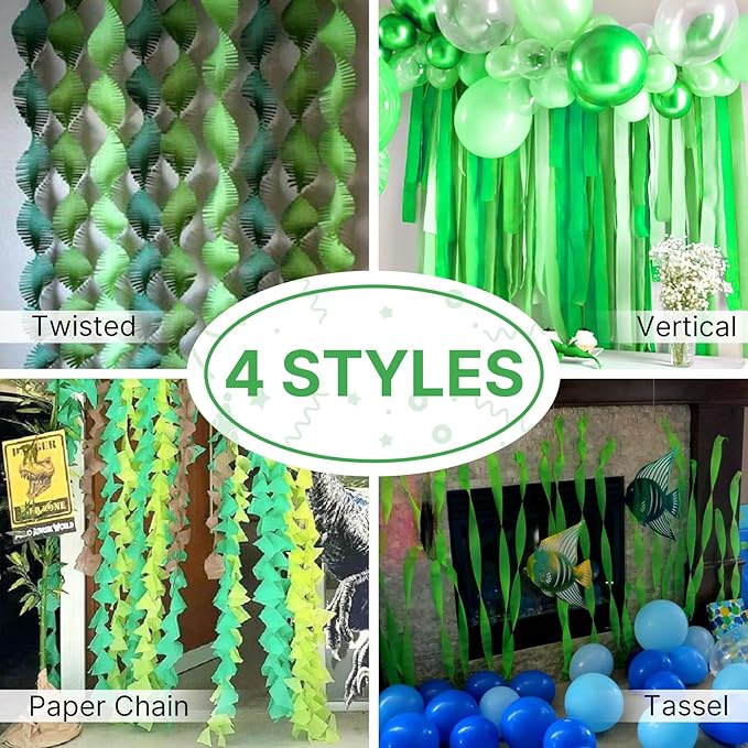 PartyWoo Green Crepe Paper Streamers 8 Rolls 656 ft Pack of Hunter Emerald Forest Green Crepe Paper for Graduation Christmas Jungle Birthday Party Decorations (1.8 Inch x 82 Ft/Roll), Green-40