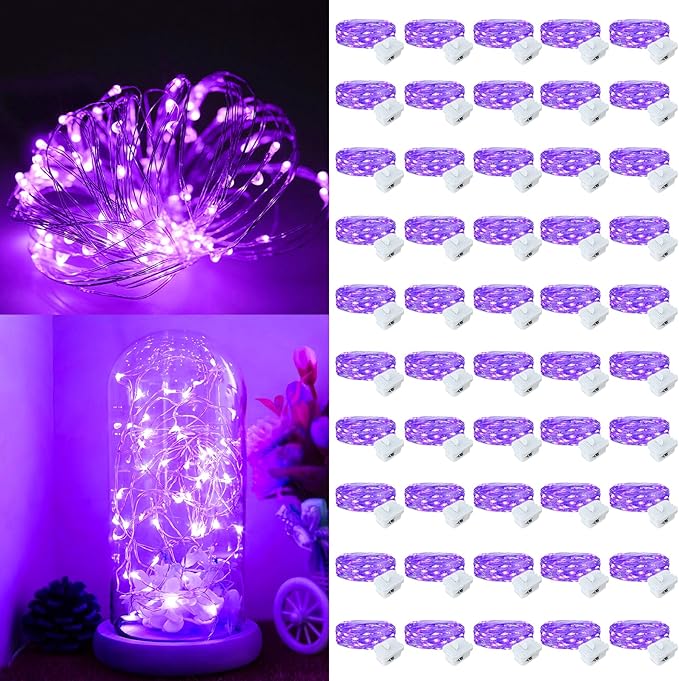 50Pack Fairy Lights Battery Operated, 7ft 20 LED 3 Modes Speed Twinkle Mini String Lights Waterproof Silver Wire Firefly Starry Lights for Mason Jars Wedding Party Christmas Decorations
