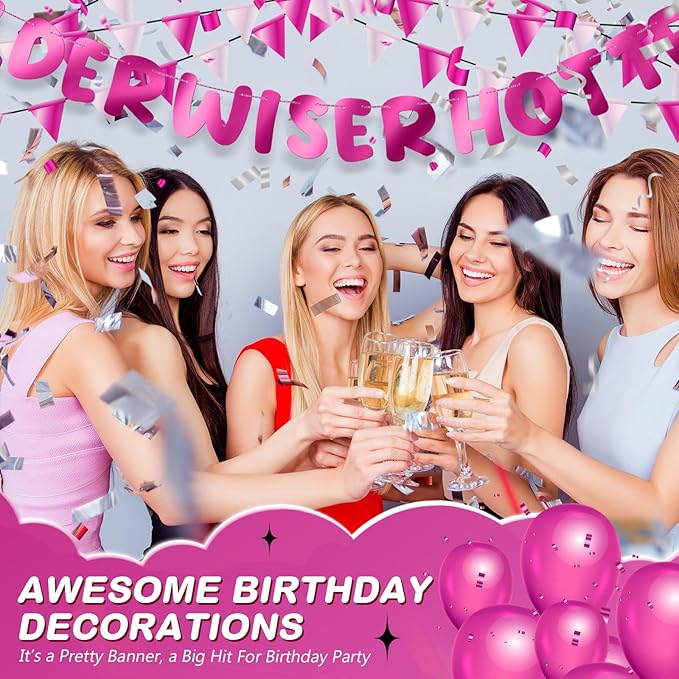 Fulmoon Set of 3 Pre Strung Older Wiser Hotter Glitter Banner Funny Birthday Banner for Women 30th 40th 50th 60th 70th 80th Birthday Party Decorations Sign Gift(Bright Hot Pink)