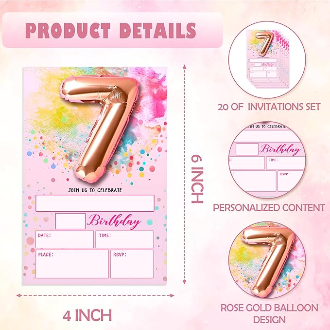 Rose Pink Balloon Birthday Invitations, 7th Surprise Birthday Party Invitations Cards with Envelopes, Confetti Polka Dot Fill-in Invites, 7th Pink Birthday Decorations for Girls -03