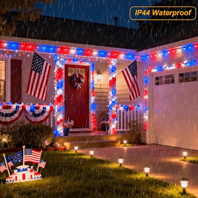 Pooqla 500 LED 164 FT Red White and Blue Lights, 4th of July Patriotic Decoration Twinkle Lights, 8 Modes Plug in 4th of July String Lights for Indoor Outdoor Independence Day Decorations, Clear Wire